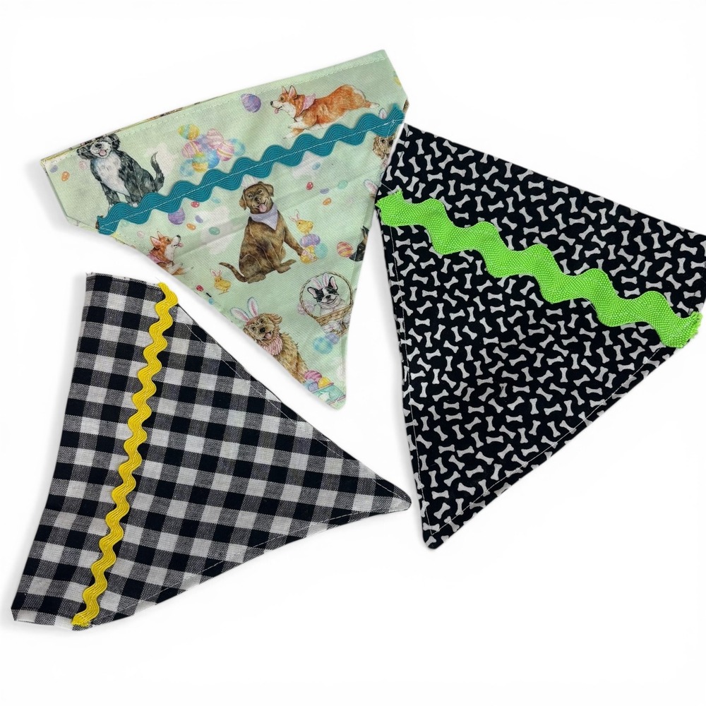 Handmade Dog Bandana Set of 3 Easter Dogs Buffalo Plaid Bone Print Rickrack Trim